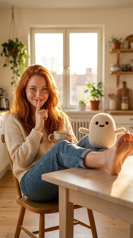 Molly with her feet on the kitchen table next to the knitted GATE